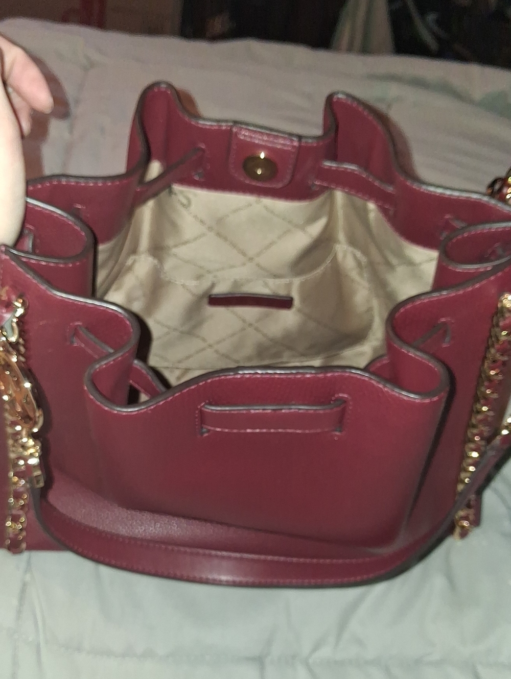 Michael Kors Burgundy Leather Shoulder Bag with Gold Chain Accents - Picture 8 of 9